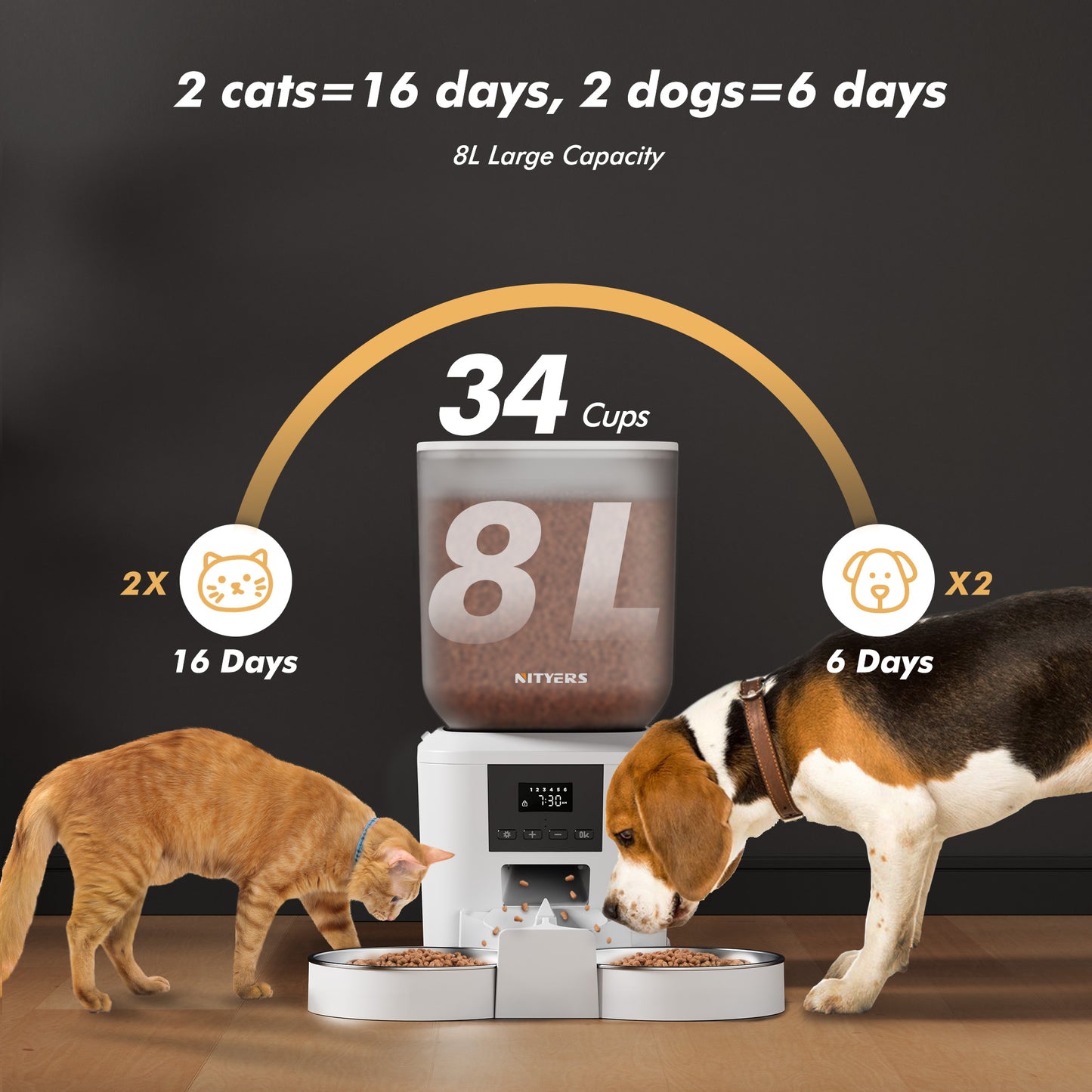 Automatic Cat Feeder for 2 Cats & Dogs - 8L/34 Cups Large Capacity Auto Cat Food Dispenser with LCD Screen, 2 Food Trays, Timed Cat Feeder, Up to 50 Portions 6 Meals Per Day, Keep Fresh, Black