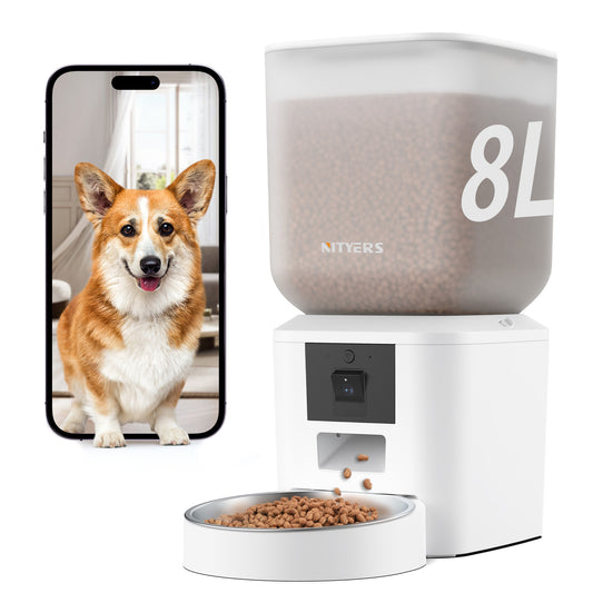 Automatic Dog Feeder with Camera Rotation - 8L/34 Cups Auto Cat Feeder, 1080P Video with Night Vision, 5G WiFi Pet Feeder with App, Voice Record, 2-Way Talk, Cat Food Dispenser with Blockage Reminder