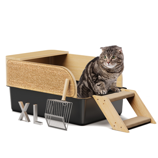 Stainless Steel Cat Litter Box - Nityers Extra Large 5-in-1 Metal Cat Litter Box with Enclosed Lid Cover for Cat, Kitten, Rabbit - High Wooden Side, Scratcher and Scoop | Anti-Urine Leakage, Anti-Odor